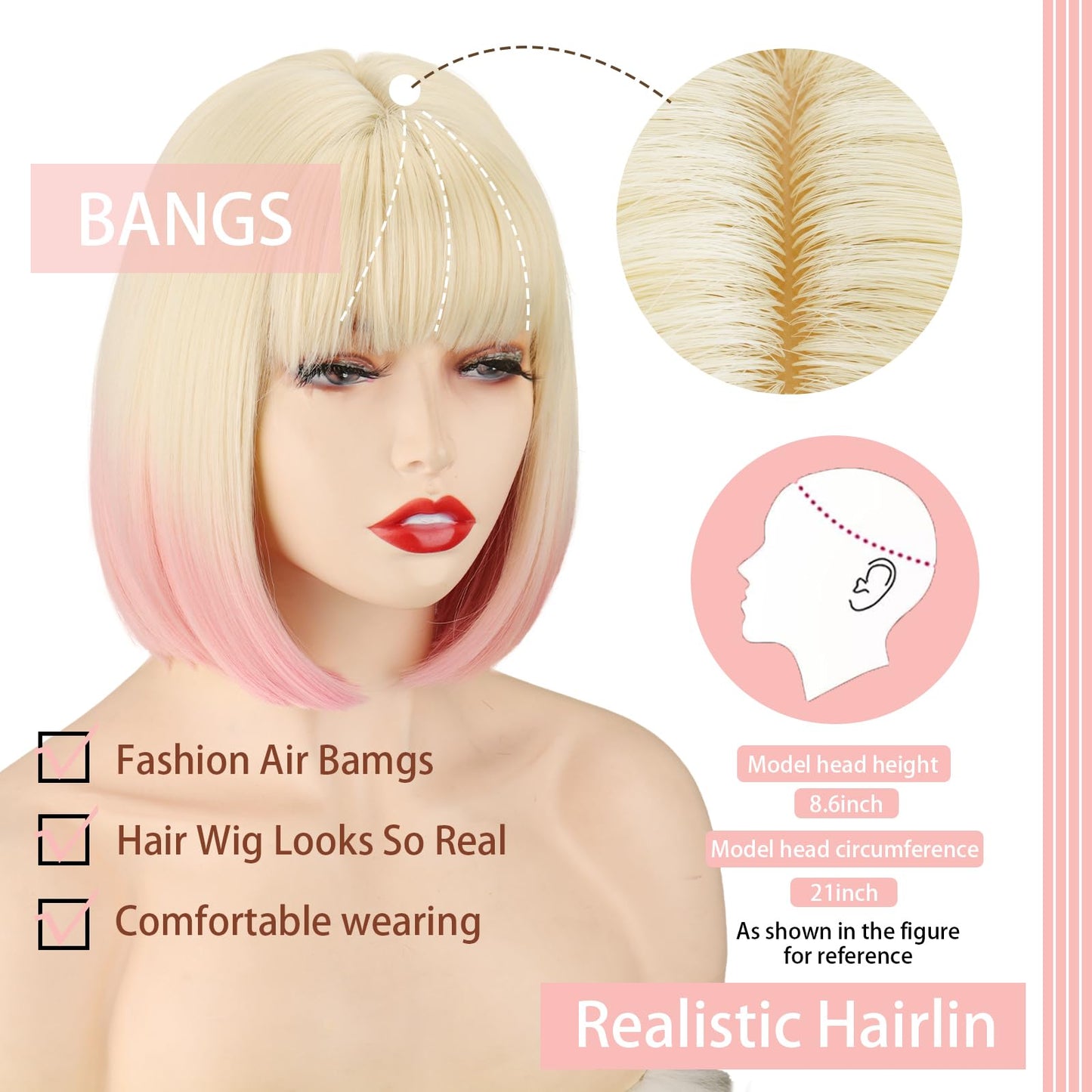 WERD Short Blonde Pink Bob Wig for Women Ombre Wig With Bangs Synthetic Straight Blonde mixed Pink Bob Hair for Daily Party Cosplay