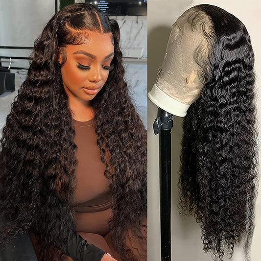 GIESWY Deep Wave Lace Front Wigs Human Hair Wigs for Black Women 13x4 HD Transparent Lace Frontal Glueless Wigs Pre Plucked With Baby Hair 180% Density Natural Black 24 inch