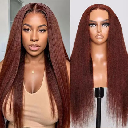 UNICE Bye Bye Knots Glueless Wig Reddish Brown Yaki Straight 7x5 Pre Cut Lace Glueless Wigs Human Hair Pre Plucked Pre Bleached Invisible Knots Human Hair Wig 14 inch