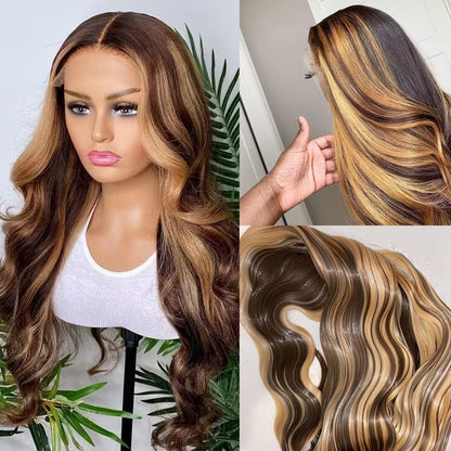 Loyom Body Wave Ombre Lace Front Wig Human Hair Pre Plucked 13x4 HD Transparent 4/27 Highlight Lace Front Wig Human Hair 200 Density Honey Blonde Wig 24 Inch