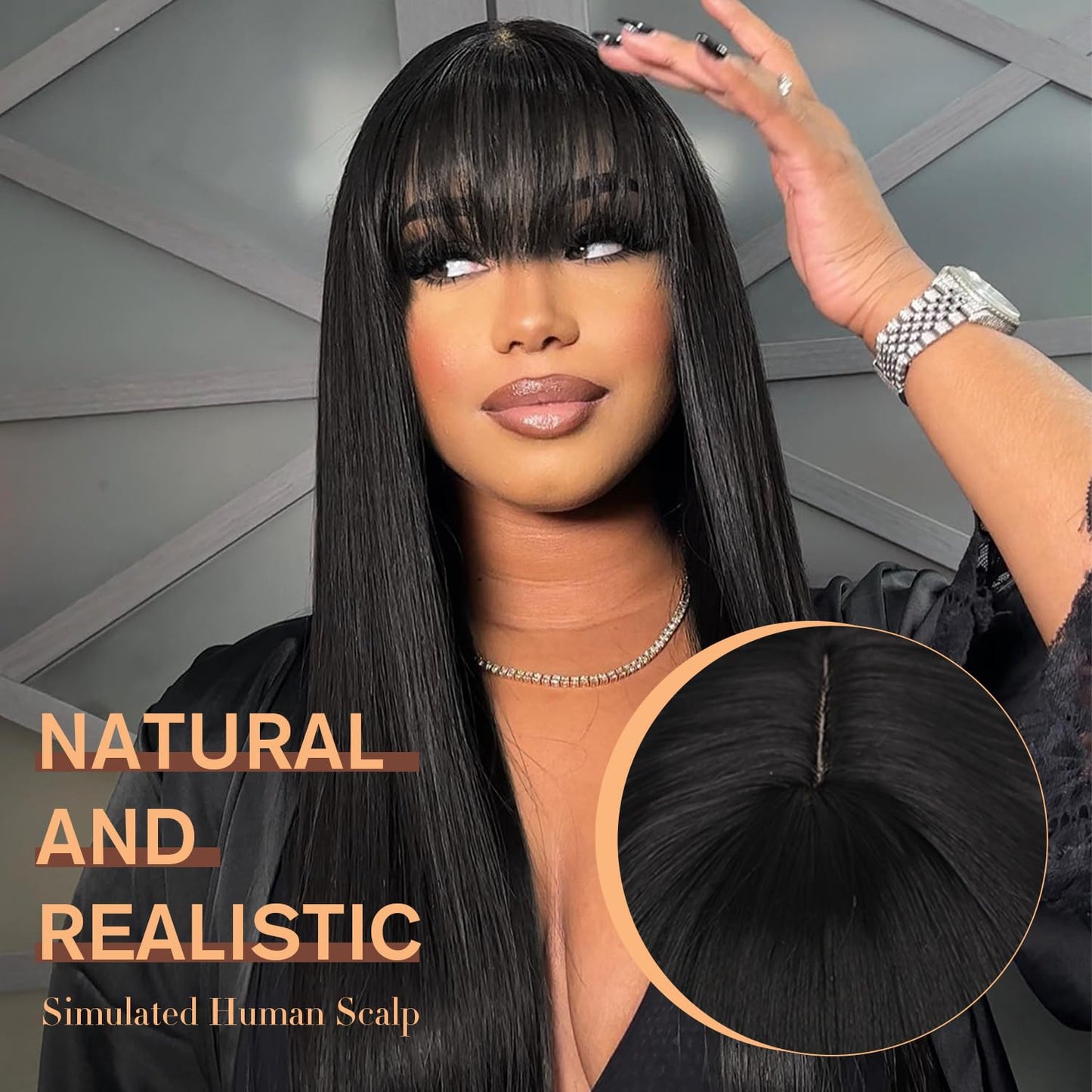 WIGER Long Black Wigs with Bangs Straight Black Hair Dye Wig for Women Long Bangs wig Full Black Cosplay Wig for Girls Synthetic Heat Resistant Natural Hair for Daily or Costumes (1B with Bangs)