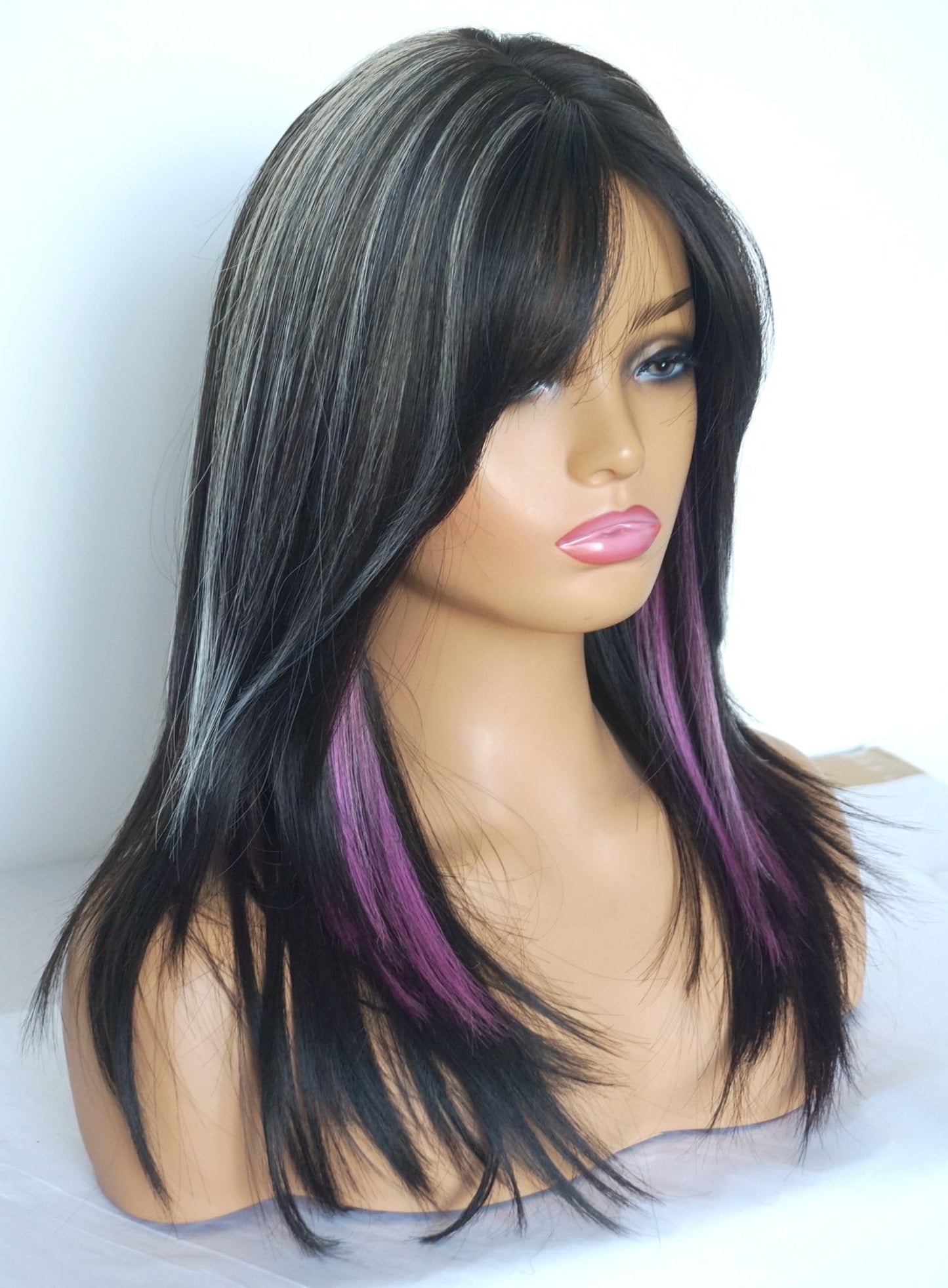 Layered Wigs for white women black white with purple wig medium length wigs for women Synthetic wig for white Women (Black white purple)