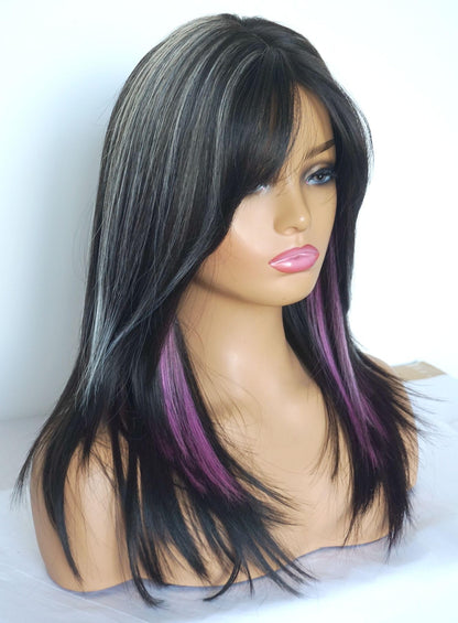 Layered Wigs for white women black white with purple wig medium length wigs for women Synthetic wig for white Women (Black white purple)