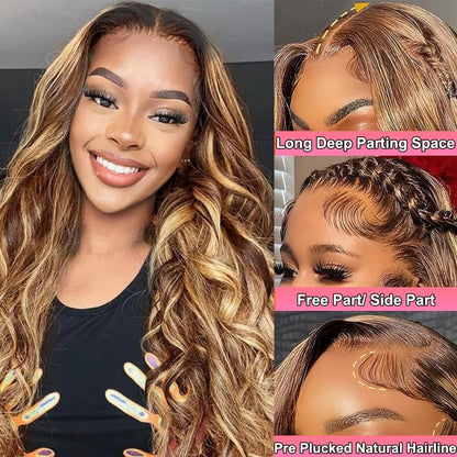 studyy Highlight Ombre 360 Lace Front Wigs Human Hair Pre Plucked with Baby Hair Body Wave Balayage Honey Blonde HD 360 Full Lace Frontal Wigs for Women 24inch