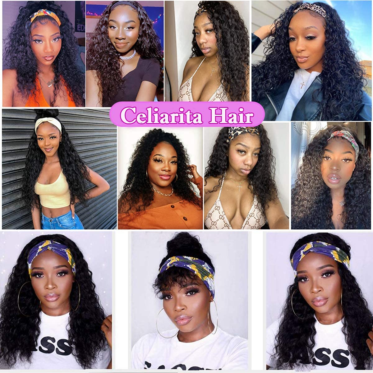 Deep Wave Headband Wig Human Hair 12inch None Lace Front Wigs Brazilian Virgin Hair Machine Made Wigs Glueless Deep Curly Wave Headband Half Wigs for Black Women Human Hair Natural Color