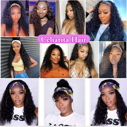 Headband Wig Human Hair Deep Wave 16inch Non Lace Front Wig Human Hair Machine Made Wigs Glueless Brazilian Curly Wig Human Hair Headband Half Wigs for Black Women Natural Color