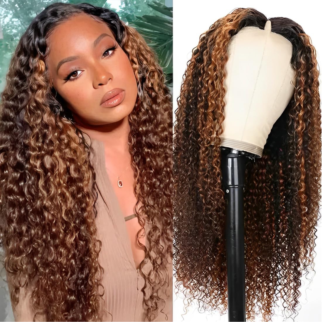 UNICE Curly V Part Wigs Human Hair Balayage Brown Highlight Clip in Upgrade U Part Wig No Leave Out Wear Go Glueless Human Hair Wig Beginner Friendly 18 inch
