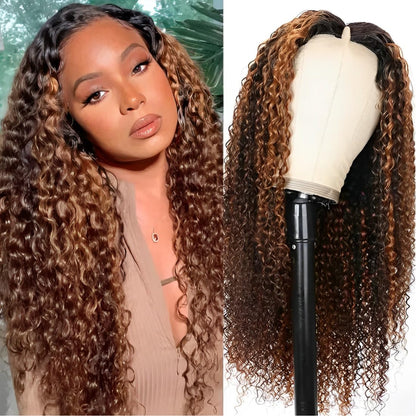 UNICE Curly V Part Wigs Human Hair Balayage Brown Highlight Clip in Upgrade U Part Wig No Leave Out Wear Go Glueless Human Hair Wig Beginner Friendly 18 inch