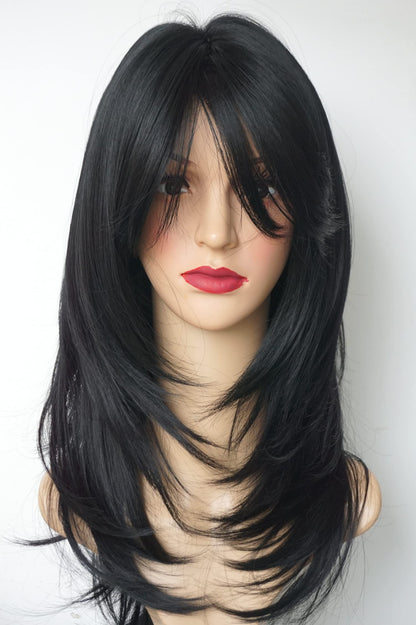 Black wig with bangs Layered Wigs for white Women black hair wig Synthetic Wigs Flow out Curl for White Women (Black)