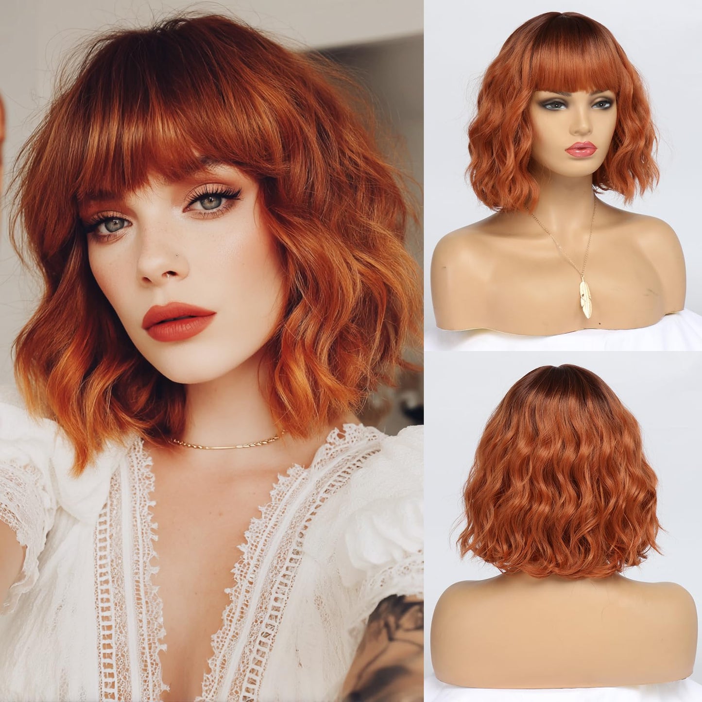 EssionTech Short Copper Red Wigs for Women Fox Red Wig Ombre Red Dark Root Culy Bob Wigs with Bangs Ginger Hair Wig Wavy Synthetic Wigs(12Inches)