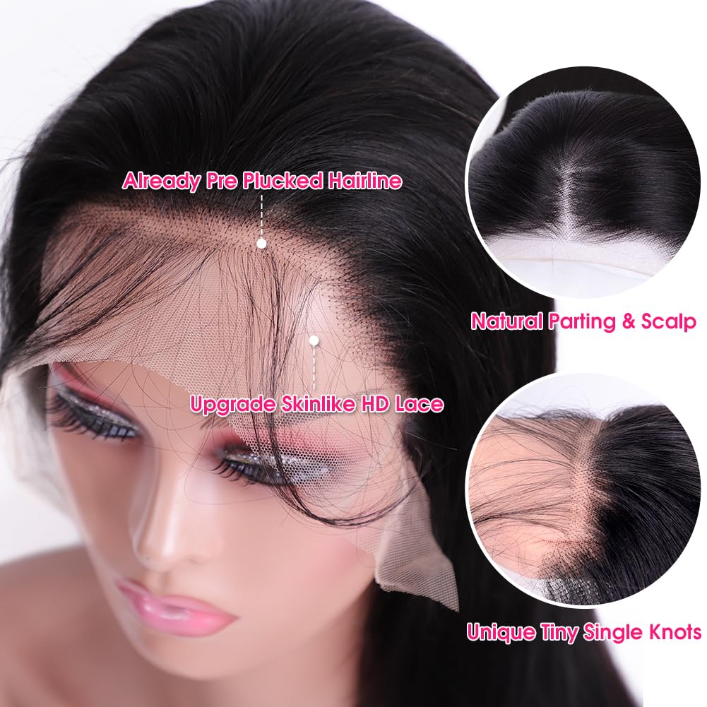 Wingirl 13x6 Body Wave Lace Front Wigs Human Hair Pre Plucked 180 Density HD Transparent Full Lace Frontal Wigs Human Hair for Women with Baby Hair Natural Black Color 26Inch
