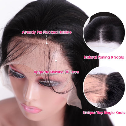 Wingirl 13x6 Body Wave Lace Front Wigs Human Hair Pre Plucked 180 Density HD Transparent Full Lace Frontal Wigs Human Hair for Women with Baby Hair Natural Black Color 26Inch