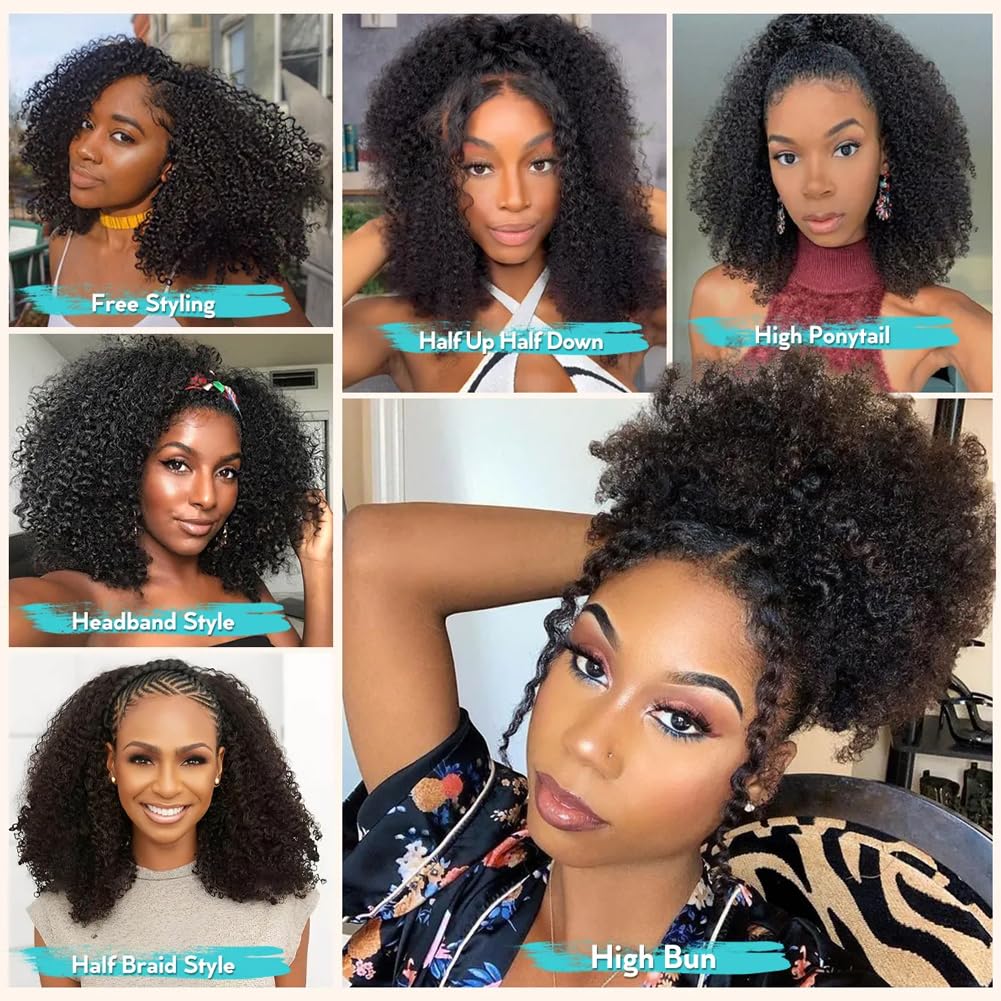 QUANDIAN Kinky Curly 3 In 1 Half Wig Human Hair 200% Density Wear Go Glueless Wigs Human Hair for Women 16 Inch Afro Curly Seamless Flip Wig Invisible Hairline Beginner Friendly