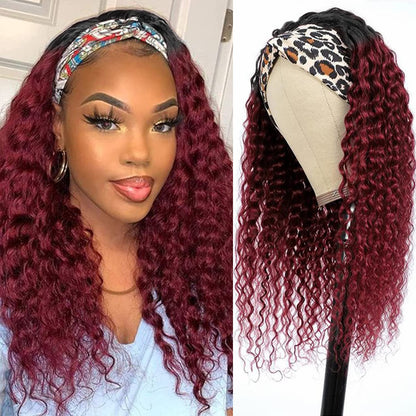 Aiterina Headband Wig deep wave human hair wigs for Black Women Brazilian Remy Hair Glueless Non Lace Front Wig 150% Density (12 inch, 1B/99J)