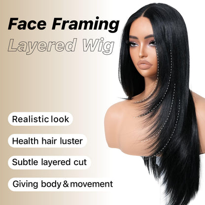 BrownBomb Black Wear and Go Glueless Wigs Pre Plucked Pre Cut for Beginners Long Layered Straight Synthetic Lace Front Wigs with bangs 26 Inch Natural 1B 3 Seconds to Wear for Beginners