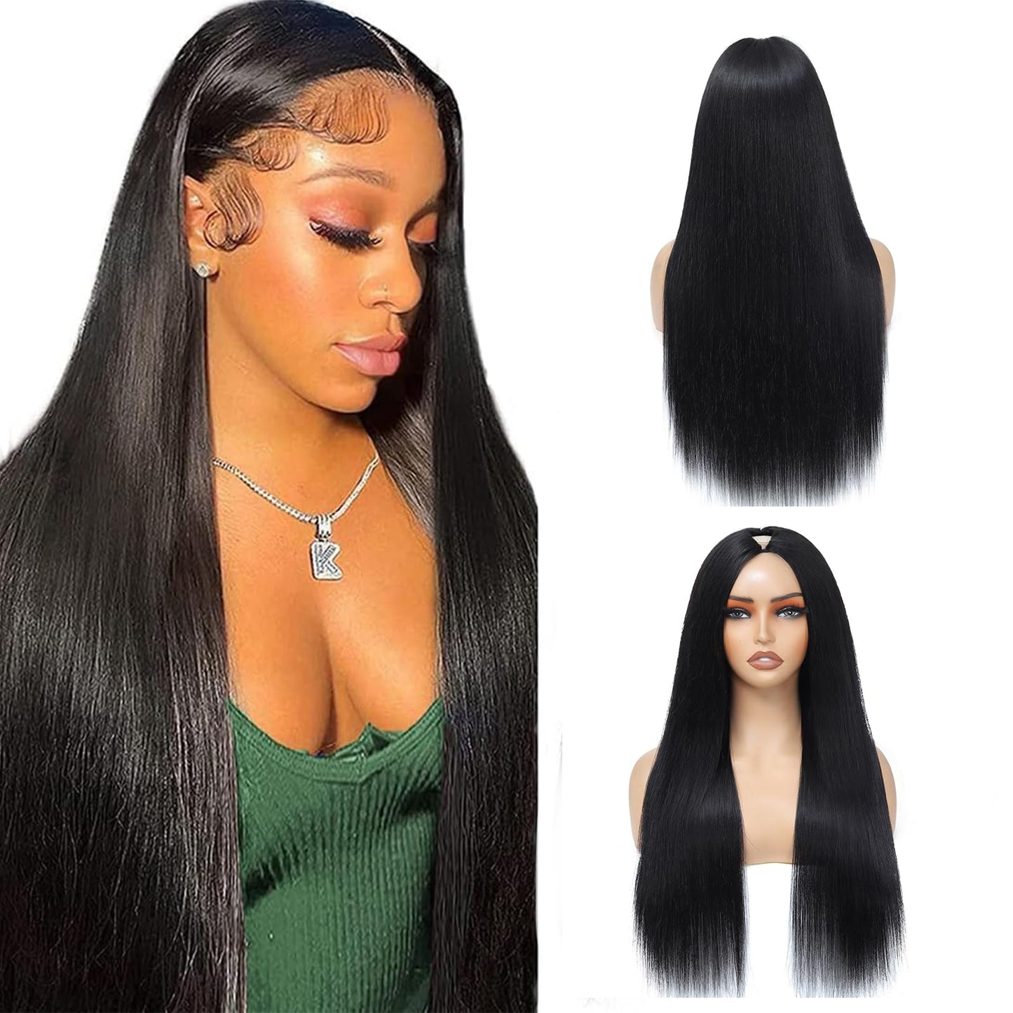 V Part Wig Human Hair Straight Human Hair Wigs Upgrade U Part Human Hair Wig for Women No Leave Out No Sew In 200% Density Natural Color 22 Inch