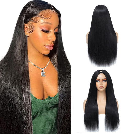 V Part Wig Human Hair Straight Human Hair Wigs Upgrade U Part Human Hair Wig for Women No Leave Out No Sew In 200% Density Natural Color 22 Inch