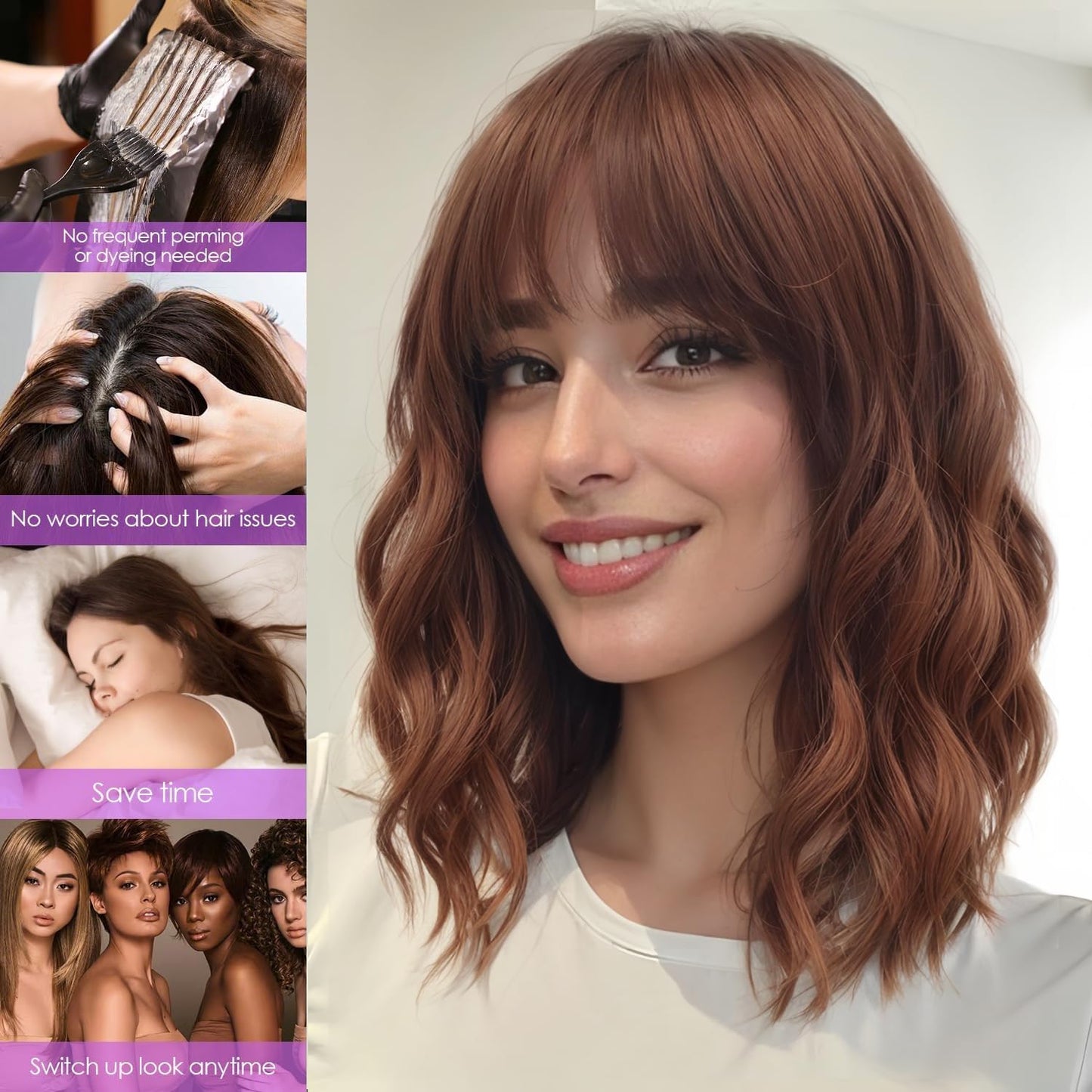 AISI HAIR Synthetic Wavy Curly Bob Wig with Bangs Ash Auburn Short Wavy Hair for Women Synthetic Heat Resistant Bob Wigs
