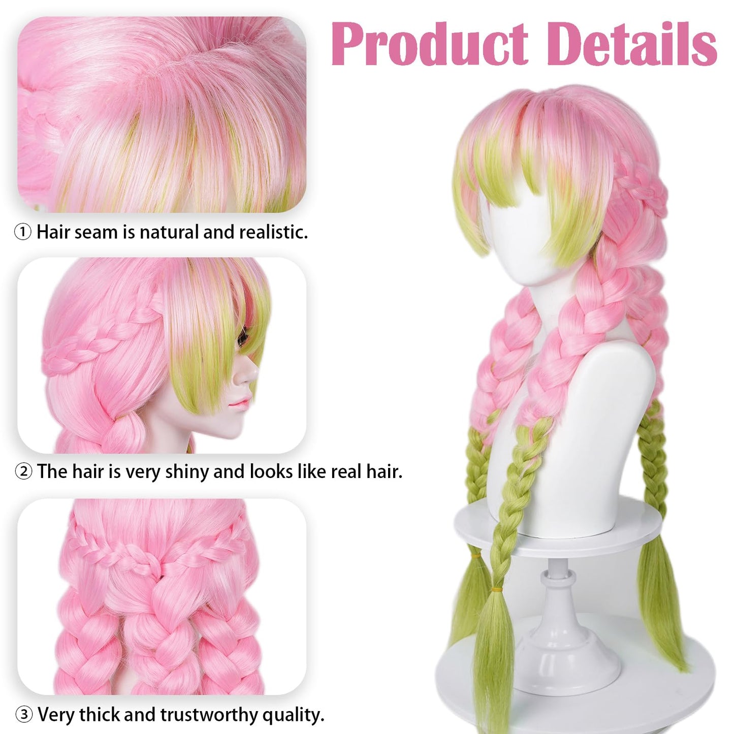Max Beauty Anime Pink and Green Wig for Mitsuri Cosplay Braided Hair Wig with Pigtails Halloween Party + Cap