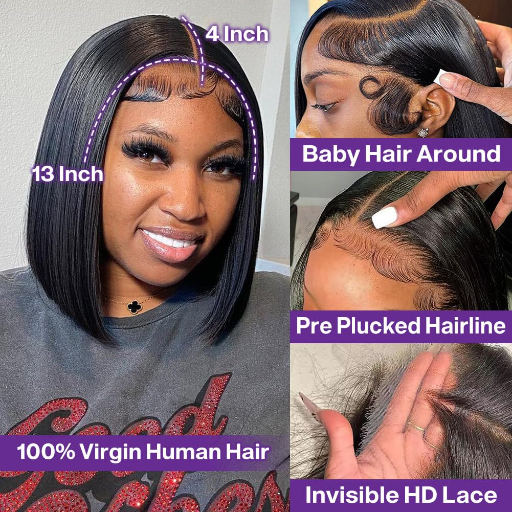 HIRIREMY Bob Wig Human Hair 13x4 HD Lace Frontal Short Straight Lace Front Bob Wigs for Black Women Human Hair Pre Plucked Glueless Side Part 180% Density Black Color 12 Inch