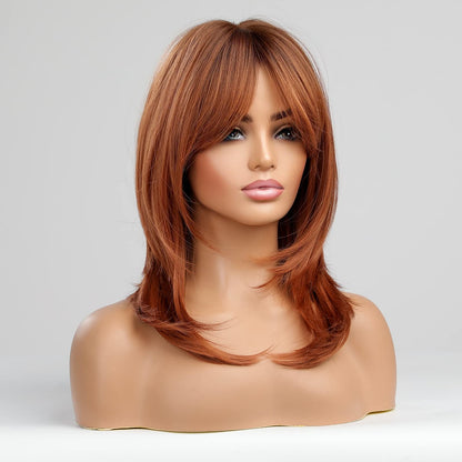 Alanhair Auburn Wigs for Women,MEACO Long Layered Orange Wigs with Bangs Heat Resistant Synthetic Fibre Wigs(pelucas de cabello natural)