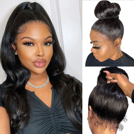 Aaliweya 360 Lace Front Wigs Body Wave 360 HD Full Lace Frontal Wigs for Women Human Hair Pre Plucked with Baby Hair 180% Glueless Wig Can Make Bun And High Ponytail Natural Black Color 22Inch