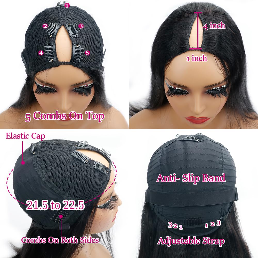 Pobokix Straight V Part Wigs Human Hair Upgrade U Part Human Hair Wigs for Black Women Glueless Clip In Half Wig 180% Density Natural Color (14inch)