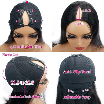 Pobokix Straight V Part Wigs Human Hair Upgrade U Part Human Hair Wigs for Black Women Glueless Clip In Half Wig 180% Density Natural Color (10inch)