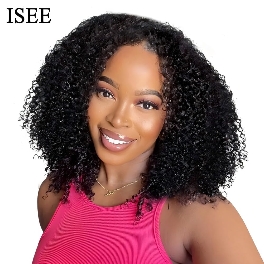 ISEE V Part Human Hair Kinky Curly Minimal/No Leave Out Upgrade U Part Wig for Black Women V Shape Kinky Curly Thin Part Glueless Clip In Half Wig 180% Density Natural Color 14 Inch