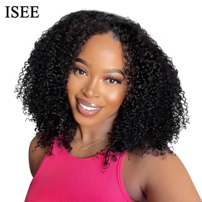 ISEE V Part Human Hair Kinky Curly Minimal/No Leave Out Upgrade U Part Wig for Black Women Human Hair V Shape Wig Kinky Curly Thin Part Glueless Clip In Half Wig 180% Density Natural Color 16 Inch