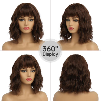 EssionTech Short Chocolate Brown Wigs for Women Dark Brown Wavy Bob Wig with Bangs Medium Lenth Synthetic Natural Hair Wigs for Daily Party Use(14 Inch)