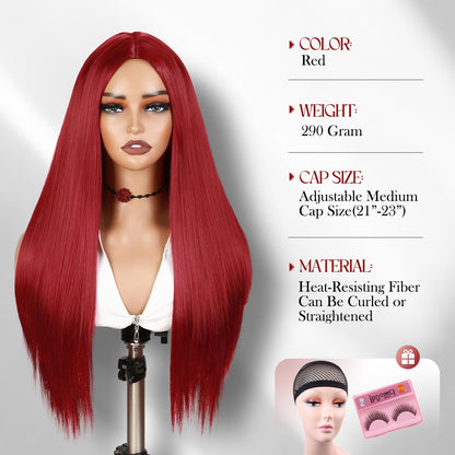 WIGER Red Wigs For Women Long Straight Red Hair Wig Middle Part Synthetic Colored Mermaid Cosplay Wig No Lace Nature Looking Girls Red Costume Full Wigs