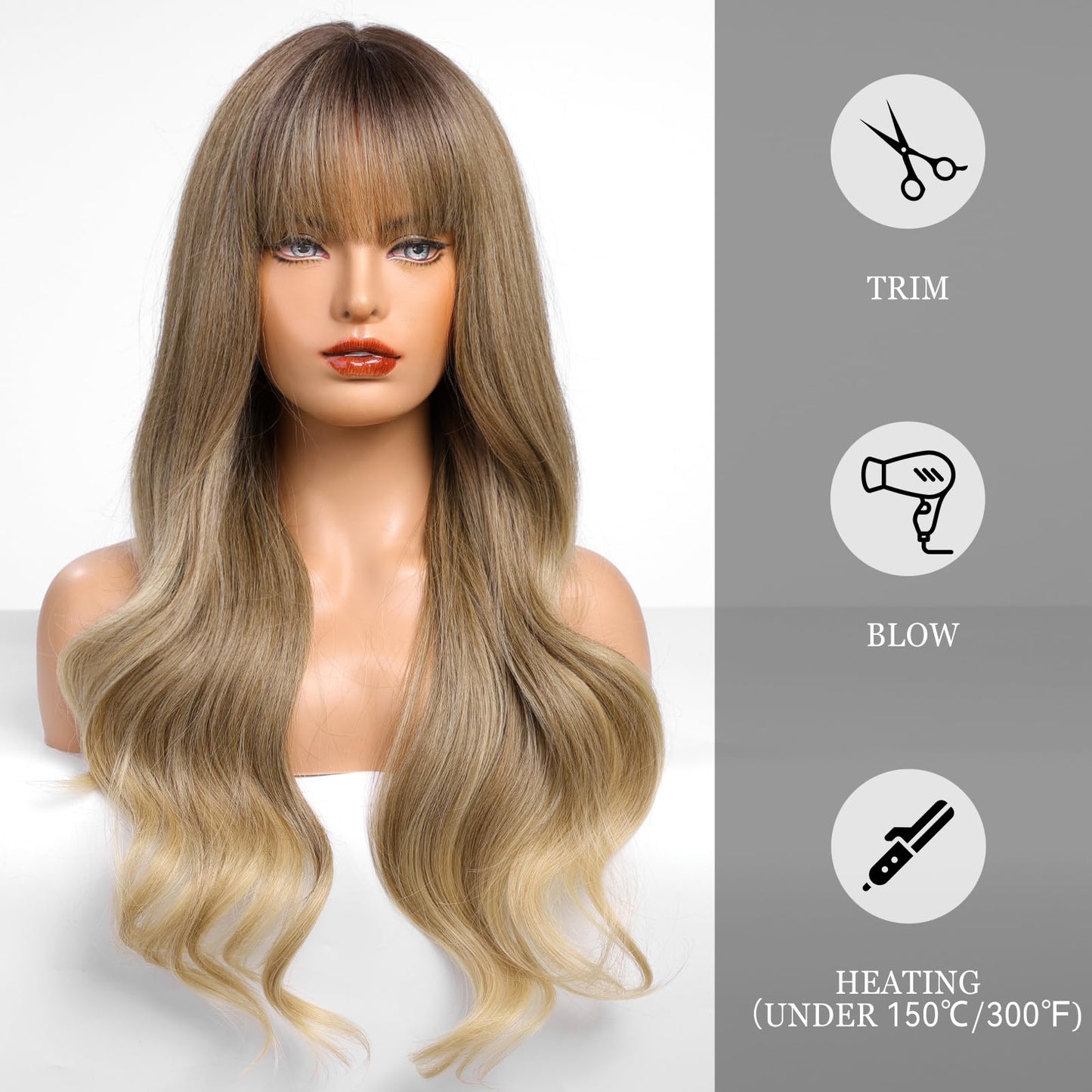 HAIRCUBE Brown to Blonde Wig with Bangs for Women Brown and Blonde Long Wavy Hair Wig Curly Wavy Synthetic Wigs for Girls Daily Party Use