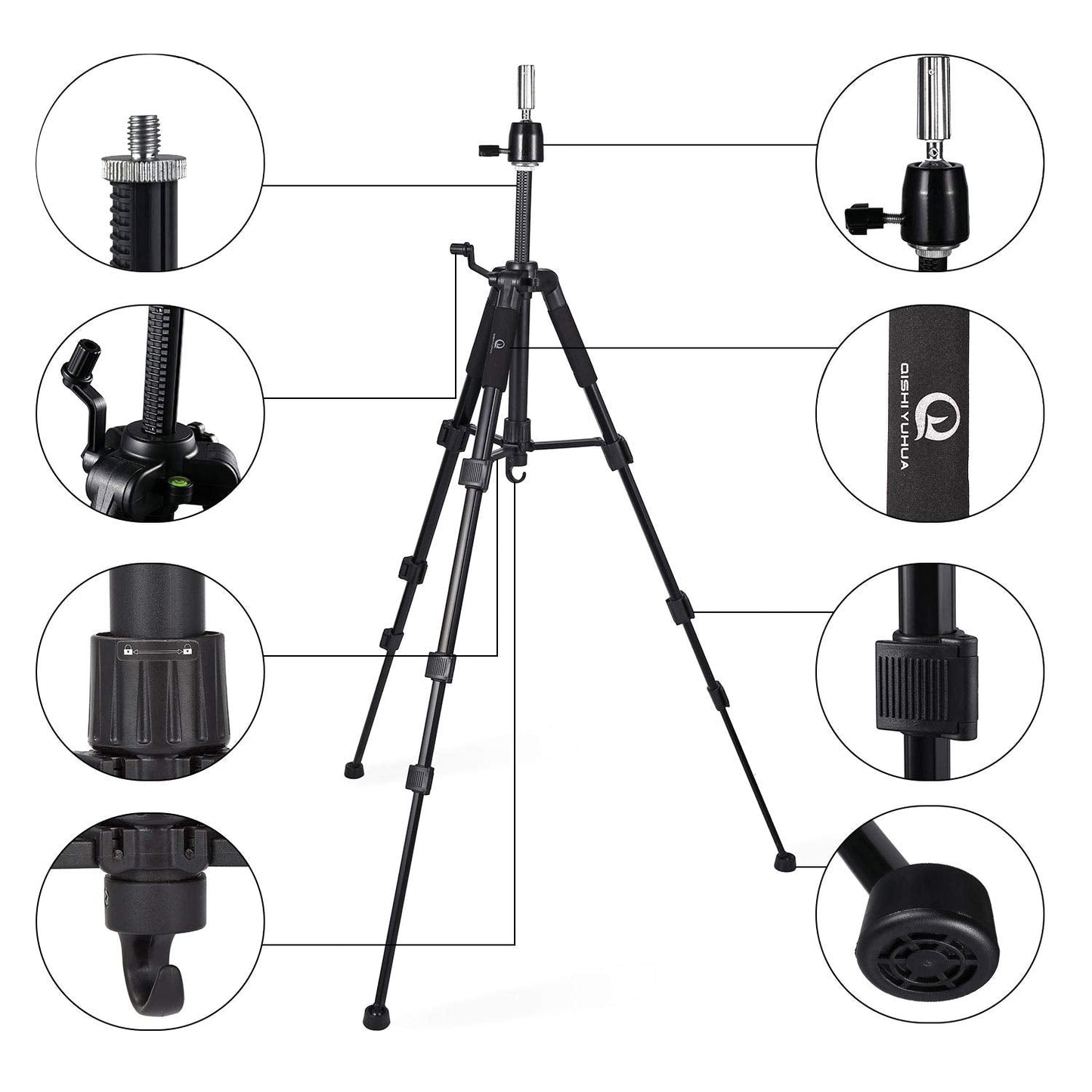 QISHI YUHUA Wig Stand Tripod with Non-Slip Base Adjustable Mannequin Head Stand with Hook Heavy Duty Manikin Head Tripod