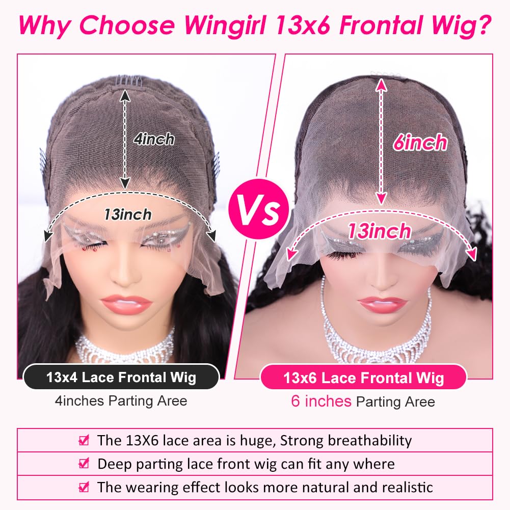 Wingirl 13x6 Body Wave Lace Front Wigs Human Hair Pre Plucked 180 Density HD Transparent Full Lace Frontal Wigs Human Hair for Women with Baby Hair Natural Black Color 18Inch