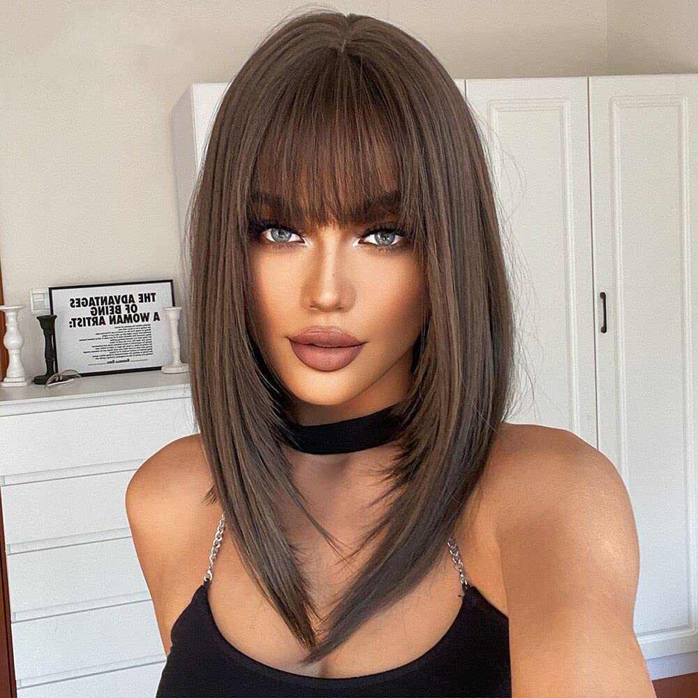 Alanhair Brown Wigs for Women,HAIRCUBE Medium Length Layered Wigs with Bangs Heat Resistant Synthetic Wigs for Daily Party Use