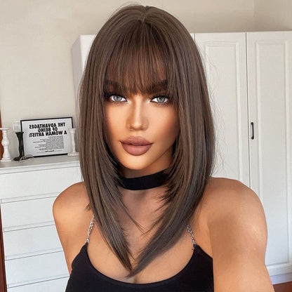 Alanhair Brown Wigs for Women,HAIRCUBE Medium Length Layered Wigs with Bangs Heat Resistant Synthetic Wigs for Daily Party Use
