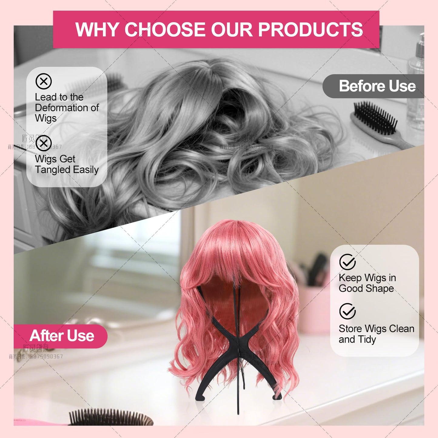 Seewaazee 2 Pack Wig Stand, Wig Head Stand Portable Wig Holder for Multiple Wigs, Wig Stands Tripod for Styling Wig Storage, Black two Packs