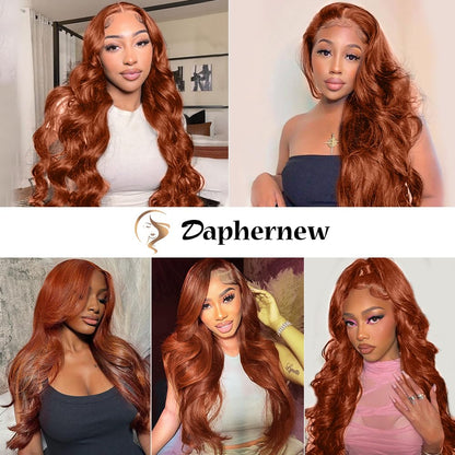 Daphernew 200 Density 13x6 Reddish Brown Lace Front Wigs Human Hair Pre Plucked 13x6 HD Transparent Body Wave Lace Front Wigs With Baby Hair Ginger #33 Colored Human Hair Wig For Women (22 Inch)