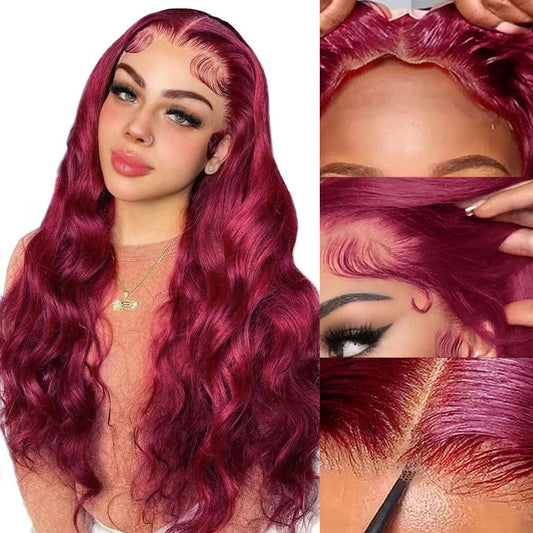 BXW Wear and Go Glueless Wig, 13x4 Burgundy Body Wave Human Hair, 180% Density, 28 Inch