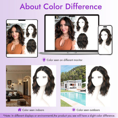 Eawwii Black Mix Brown Short Wavy Wig for Women Lace Hairline Bob Style Synthetic Heat Resistant - Natural Appearance for Everyday Hairstyle 14 Inch