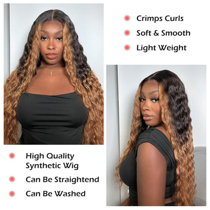 INSTASTYLE 30 Inch Long Curly Synthetic Wigs for Black Women Skunk Deep Wave Wig Black Wig with Mix Blonde Highlights Side Part Wig Natural Crimps Curly Lace Front Wig for Daliy,Party Use