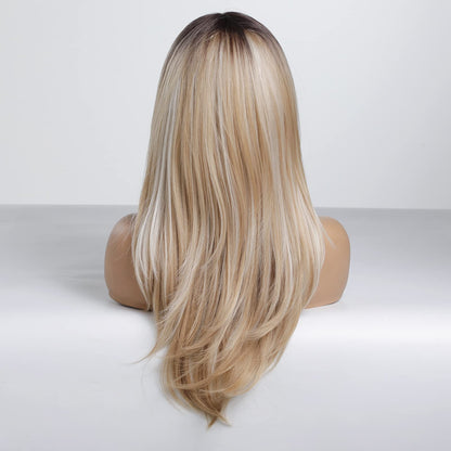 Alanhair Long Ombre Blonde Wigs for Women,HAIRCUBE Layered Synthetic Wig with Bangs Heat Resistant Fiber Daily 24 Inch