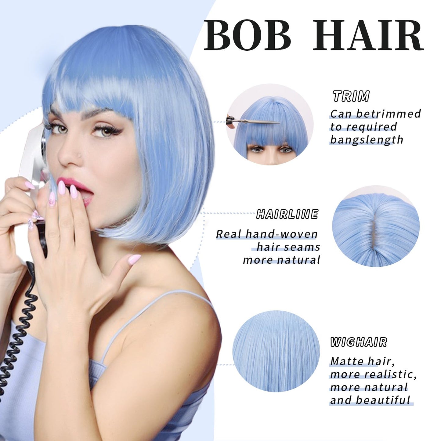 Light Blue Bob Wig with Bangs Short Straight Blue Wig for Women Shoulder Length Wigs Colorful Synthetic Wig for Daily Use Party Cosplay（12Inch）