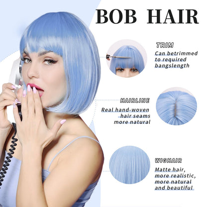 Light Blue Bob Wig with Bangs Short Straight Blue Wig for Women Shoulder Length Wigs Colorful Synthetic Wig for Daily Use Party Cosplay（12Inch）