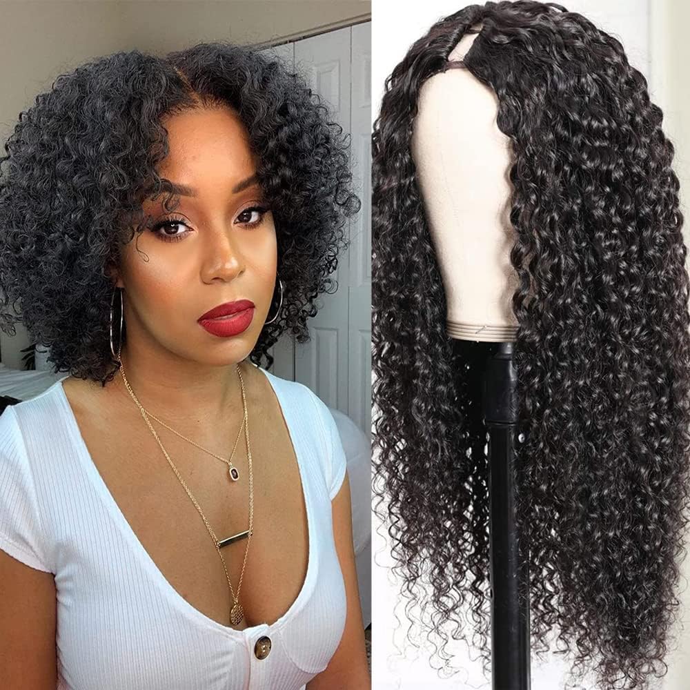 Ainmeys Curly V Part Wigs Brazilian Kinky Curly Human Hair Wigs for Black Women V Shape Wigs No Leave Out Lace Front Wigs Upgrade U Part Wigs Glueless Full Head Clip In Half Wigs(8IN 180% Density)