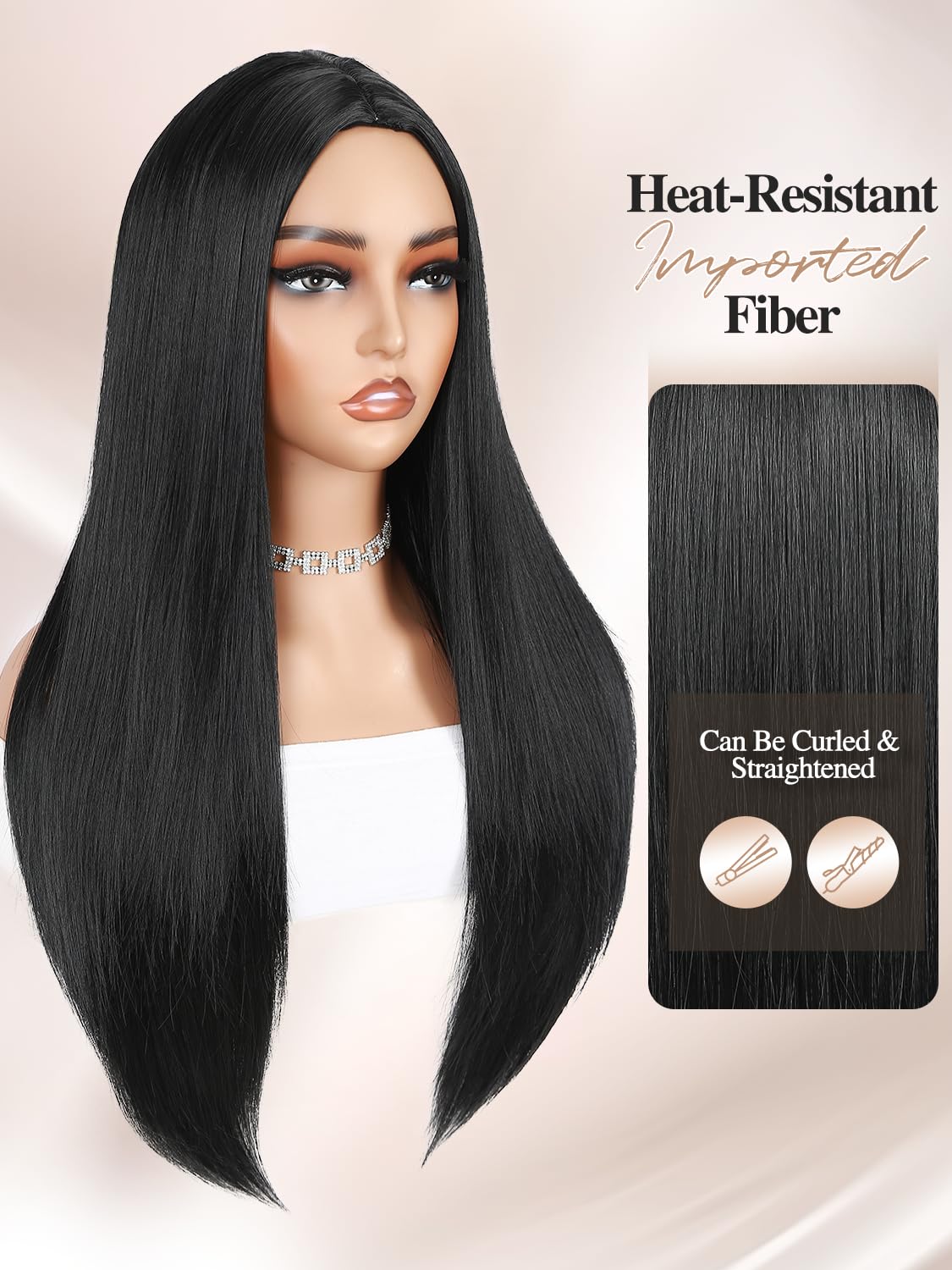 WIGER Long Black Wigs Straight Black Hair Dye Wig for Women Middle Part Synthetic Heat Resistant Natural Hair for Party or Halloween Costume Full Black Wigs for Girls (1B)