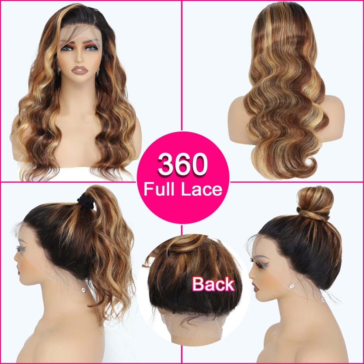 studyy Highlight Ombre 360 Lace Front Wigs Human Hair Pre Plucked with Baby Hair Body Wave Balayage Honey Blonde HD 360 Full Lace Frontal Wigs for Women 24inch
