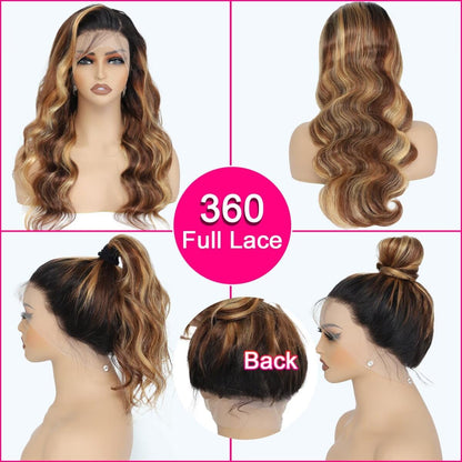 studyy Highlight Ombre 360 Lace Front Wigs Human Hair Pre Plucked with Baby Hair Body Wave Balayage Honey Blonde HD 360 Full Lace Frontal Wigs for Women 24inch