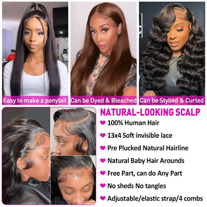 Hermosa 13x4 Straight Human Hair Lace Front Wigs for Black Women 26 inch 180 Density HD Lace Front Wig Human Hair Pre Plucked with Baby Hair Natural Hairline Black Color
